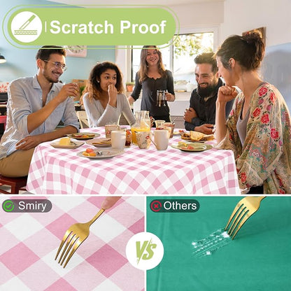 Smiry Picnic Table Cloth, Vinyl Tablecloths with Flannel Backing, 60" Round | Waterproof Picnic Table Cloth, Wipeable Buffalo Plaid Table Cover for Indoor and Outdoor (Pink & White)