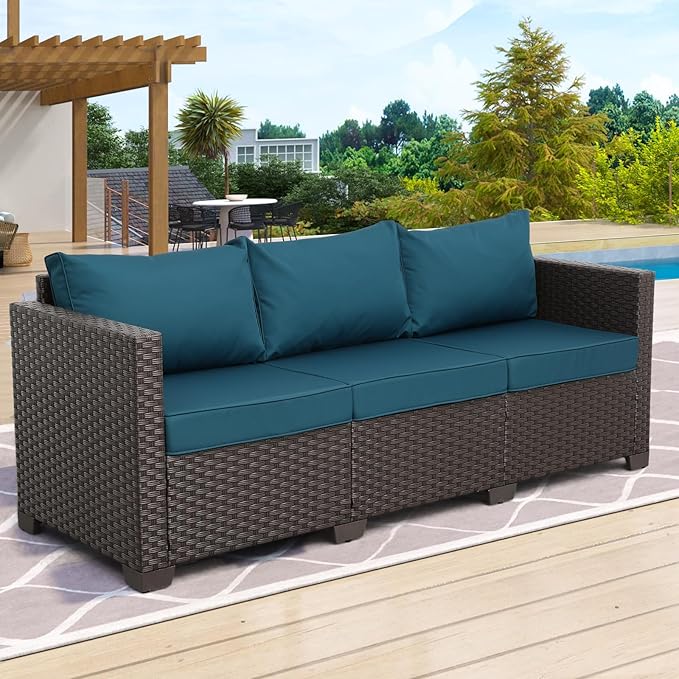 Rattan Star Outdoor Couch 3 Seater Sofa Outdoor Furniture Deep Seat High Backrest Patio Couch with Non-Slip Cushions and Waterproof Cover, Peacock Blue