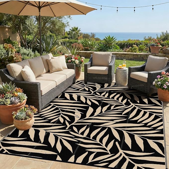 Smiry Outdoor Rug 8x10 ft Waterproof Reversible Leaf Mat, Black & Beige | Polypropylene Plastic Straw, Quick Drying, Lightweight Foldable, for Patio, Deck, RV Camping, Backyard and Indoor Outdoor Use