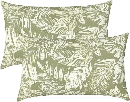 LVTXIII Outdoor/Indoor Lumbar Pillow Covers ONLY, Decorative Patio Lumbar Cushion Covers, Fluffy Water Repellent Garden Cushion Cases for Home Patio Use, 12x20 Inch, Pack of 2, Tropical Leaf Green