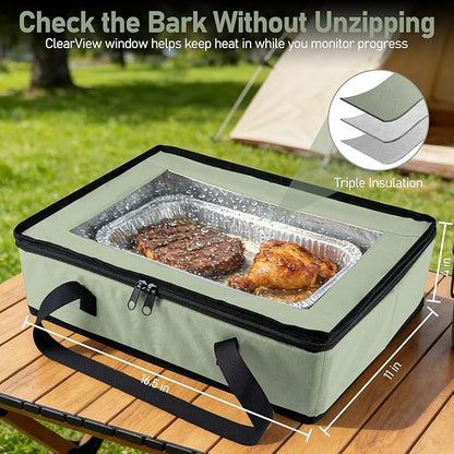 BANGIE BBQ Meat Resting Blanket & 9x13 Foil Pan Carrier - Leakproof Insulated Casserole Transport Bag with Visual Window, Rigid Hard Bottom - Birthday Father's Day Grilling Gifts for Men, Dad,Green