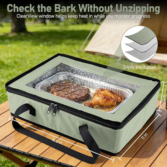 BANGIE BBQ Meat Resting Blanket & 9x13 Foil Pan Carrier - Leakproof Insulated Casserole Transport Bag with Visual Window, Rigid Hard Bottom - Birthday Father's Day Grilling Gifts for Men, Dad,Green