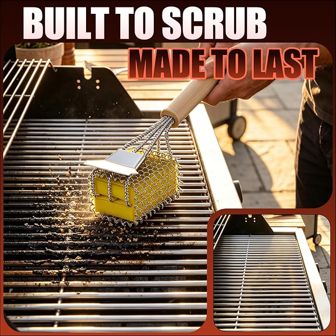 Bristle-Free Grill Brush with Scraper - Safe Steam Clean BBQ Brush with 18" Heat-Resistant Handle, 304 Stainless Locked-Core Mesh Head & HD Scraper | No Loose Wires Design | Grill Grate Cleaner Tool
