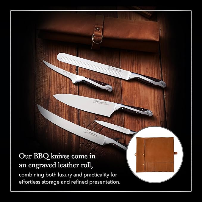 Hammer Stahl BBQ Knife Set | 5 Knives with Engraved Leather Roll | The Essential Barbecue Tools | High Carbon German Forged Stainless Steel Blades