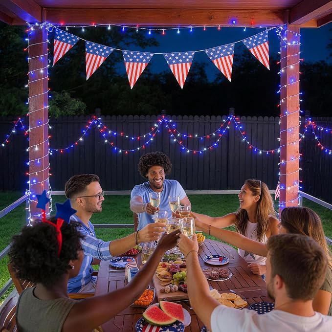 JMEXSUSS 33ft 100 LED Red White and Blue Lights Outdoor, Battery Operated | 4th of July Lights with Remote, 8 Modes Patriotic Decorations for Indoor Outside Independence Day American Flag Holiday