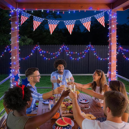 JMEXSUSS 33ft 100 LED Red White and Blue Lights Outdoor, Battery Operated | 4th of July Lights with Remote, 8 Modes Patriotic Decorations for Indoor Outside Independence Day American Flag Holiday