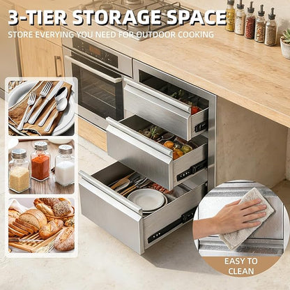 Outdoor Kitchen Drawers 15" x 25" x 18.7" Stainless Steel Triple Drawer Cabinet, Flush Mount Modular Storage for BBQ Islands & Patios