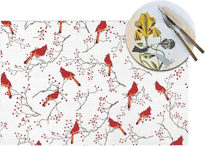 Cardinal Bird Red Berry Decor Placemats Set of 4 Linen 12x18 Inch | Decorative Table Mats for Kitchen Dining Table Heat Resistant Washable Place Mats Home Holiday Decor