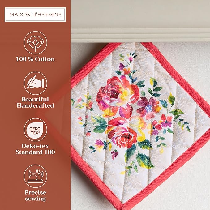 Maison d' Hermine Pot Holders 100% Cotton Heat Resistant Potholders 8" x 8" Hot Pads with Loop BBQ Cooking Baking Hotel Farmhouse Kitchen Handling Hot Pans Spring Summer (Pack of 1, Rose Garden)
