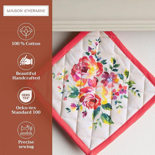 Maison d' Hermine Pot Holders 100% Cotton Heat Resistant Potholders 8" x 8" Hot Pads with Loop BBQ Cooking Baking Hotel Farmhouse Kitchen Handling Hot Pans Spring Summer (Pack of 1, Rose Garden)