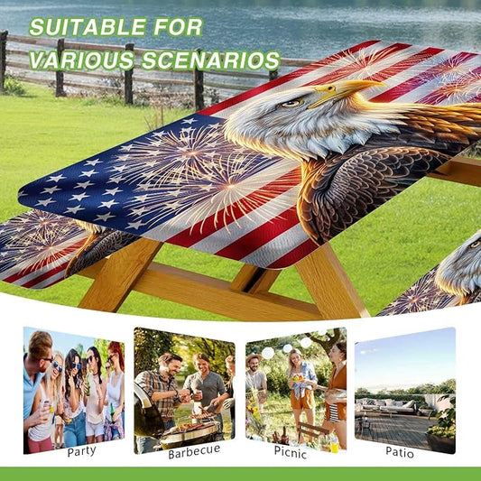 JAWO Bald Eagle American Flag Picnic Table Cover with Bench Covers, 4th of July Memorial Day Camper RV Essentials Gear Supplies Outdoor Waterproof Windproof Tablecloth with Elastic, 30X72in