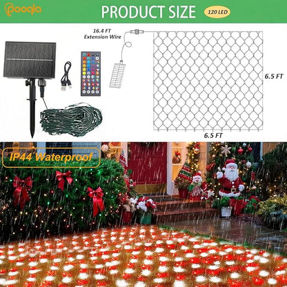 34 Colors Changing Net Lights Outdoor Solar & USB Powered, 6.5x6.5ft | RGB Solar Net Lights with Remote, 120LED Christmas Net String Lights Waterproof Green Wire Bush Lights for Backyard Patio