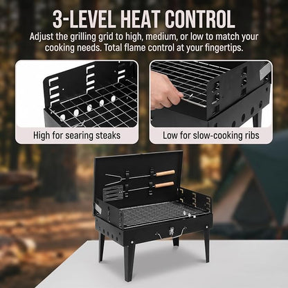 Charcoal Grills, Square Portable Charcoal Grills with Lid & 3 Adjustable heights, Barbecue Grill for Outdoor Backyard