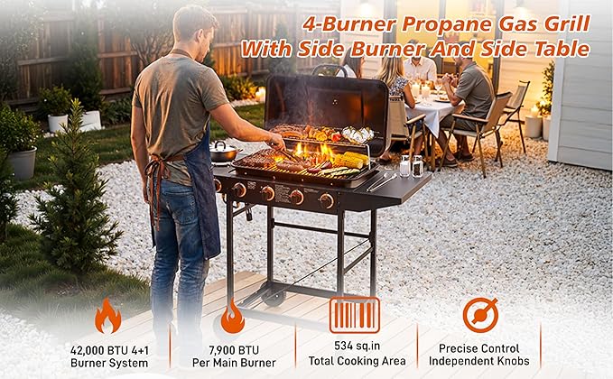 Outdoor Gas Grill with 6 Burners & Side Burner 59000 BTU Stainless Steel BBQ Grill Enamel-Coated Grates Side Tables for Backyard Patio Cooking Charcoal Grills & Smokers,A4