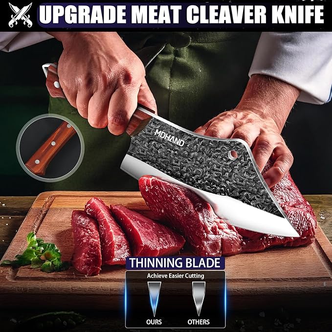 MDHAND Butcher Knife Set, 8PCS Hand Forged Serbian Chef Knife Set, Meat Cleaver Knife for Kitchen, Bone Chopper Knives & Viking Knives for Home & Outdoor Camping BBQ, Gift for Men