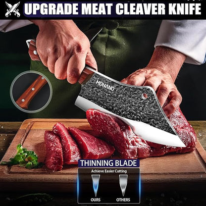 MDHAND Butcher Knife Set, 8PCS Hand Forged Serbian Chef Knife Set, Meat Cleaver Knife for Kitchen, Bone Chopper Knives & Viking Knives for Home & Outdoor Camping BBQ, Gift for Men