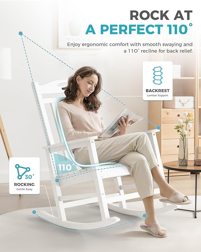 Ciokea Oversized Outdoor Rocking Chairs Set of 6, 380lbs Heavy-Duty Large Patio Rocker, High Back Cozy Porch Chairs, Weather Resistant Patio Rocking Chairs for Outside, Fire Pit, Deck, White