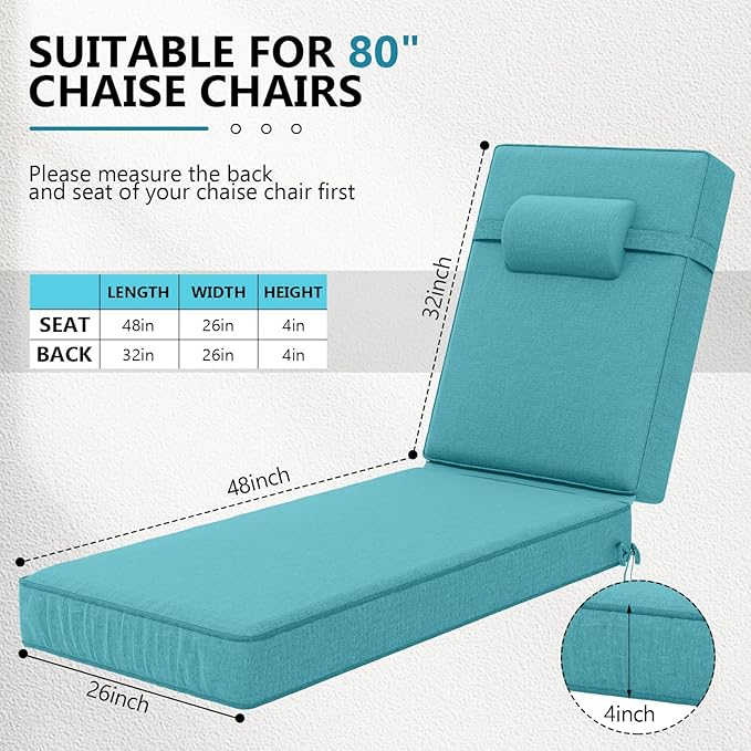 80 x 26 x 4 Inch Olefin Chaise Lounge Cushions, Lounge Chair Cushions with Headrest for Outdoor Furniture - Weather and Fade Resistant Patio Replacement Furniture Lounge Chair Cushion