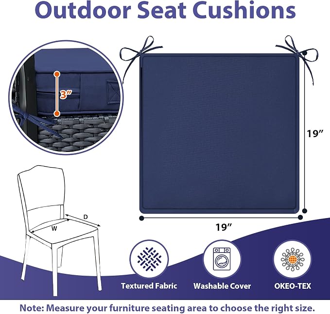 IPYNBAP Outdoor Chair Cushions Set of 4 -Waterproof Outdoor Seat Cushions for Patio Furniture, Patio Chair Cushion with Handle and Ties, Square Out Door Chair Pads,19" x 19" x 3", Navy Blue