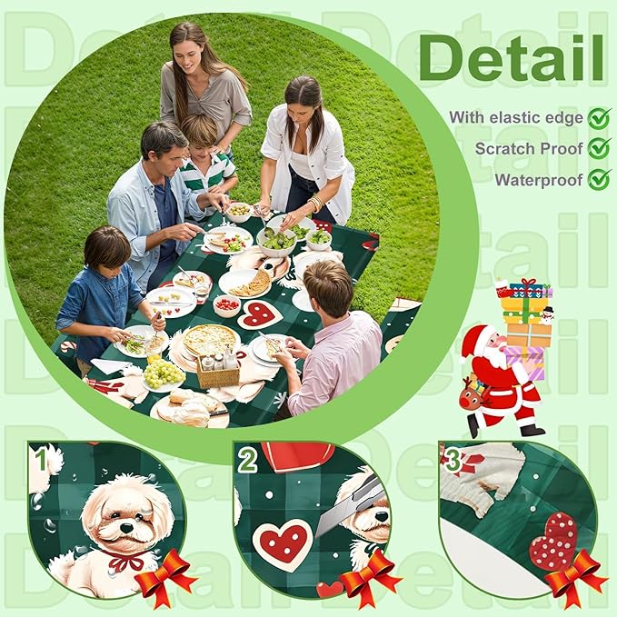 Christmas Picnic Table Cover with Bench Covers Set, Elastic Fitted Tablecloth for Outdoor Picnic Tables, Green Plaid Design with Cute Puppy and Heart Pattern, Durable Vinyl Cover for Campin