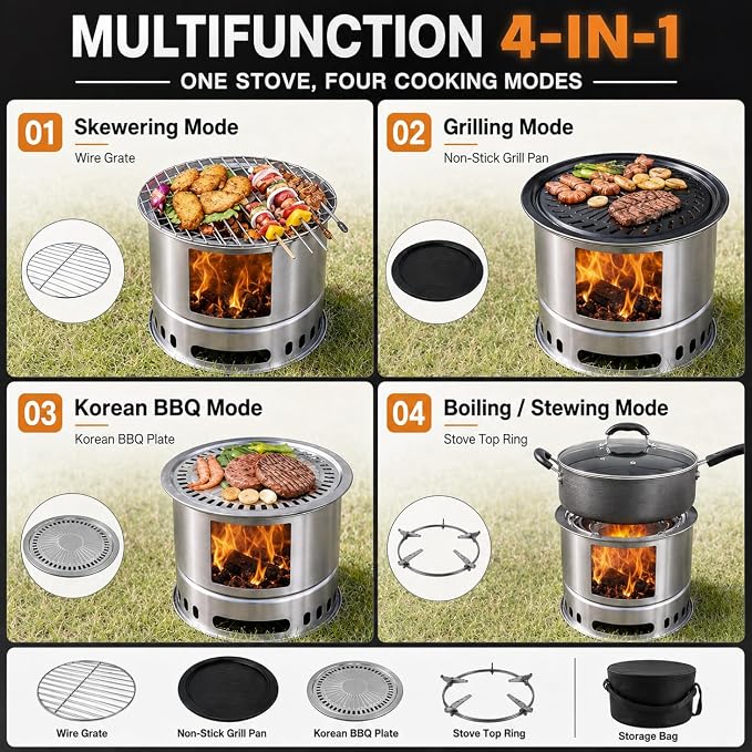 4-in-1 Wood Burning Camping Stove with Grill Pan, Skewer Rack and BBQ Plate | 4-in-1 outdoor cooking set; wood burning stove; grill pan; skewer rack; BBQ plate; camping, picnic, backyard BBQ
