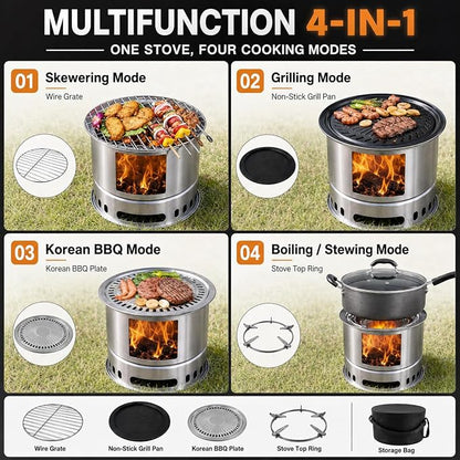 4-in-1 Wood Burning Camping Stove with Grill Pan, Skewer Rack and BBQ Plate | 4-in-1 outdoor cooking set; wood burning stove; grill pan; skewer rack; BBQ plate; camping, picnic, backyard BBQ