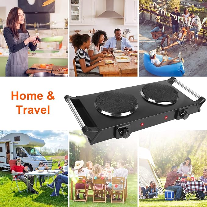 Double Burner Electric Hot Plate, 2000W 2 Burner Electric Cooktop, Portable Countertop Stove with 5-Level Temperature Control and Stay-Cool Handles, for RV, Home, and Camping