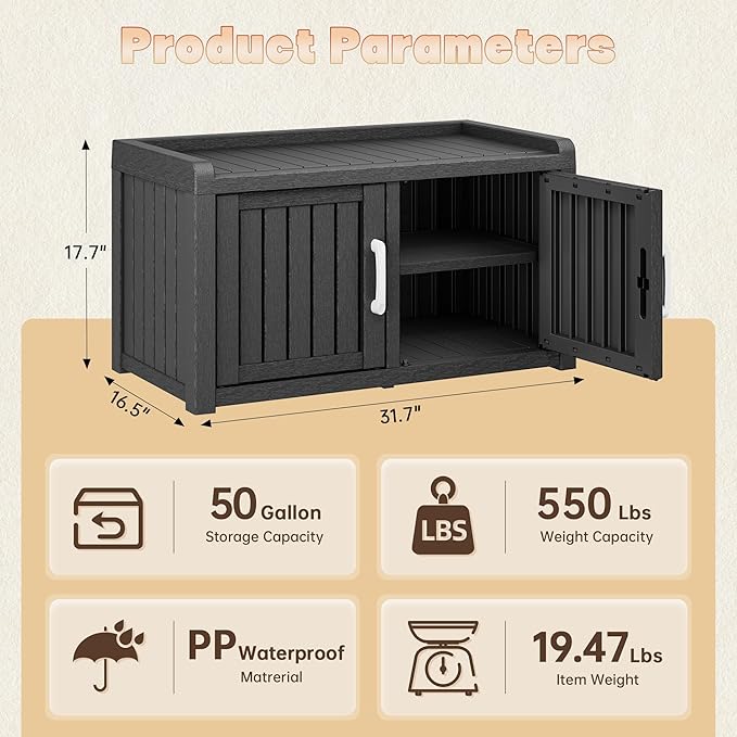 Bifanuo Shoe Storage Cabinet, 2-Door Outdoor Storage Bench with Adjustable Shelves, Waterproof UV-Resistant for Hallway, Living Room, Entryway, Large Capacity Modern Organizer (Black)