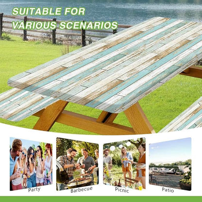 JAWO Teal Rustic Wooden Picnic Table Cover with Bench Covers, Modern Camping RV Essentials Gear Supplies Outdoor Waterproof Windproof Tablecloth with Elastic, 30X96in