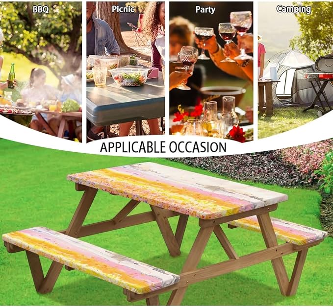 Landscape Picnic Table Cover with Bench Covers for Camping Party Supplies Outdoor Picnic Table Cover with Elastic Band