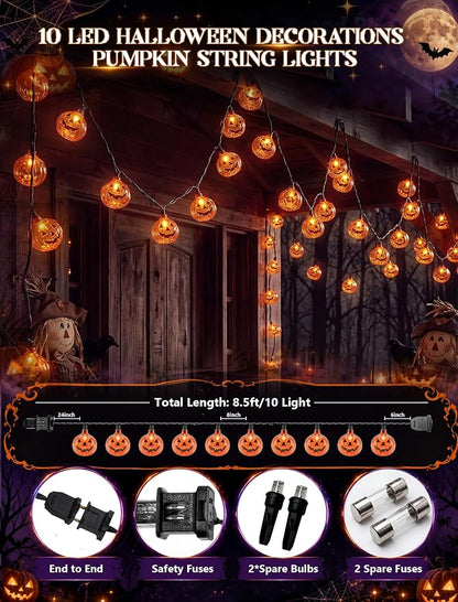 8.5Ft Halloween Pumpkin String Lights, 10 LED Jack-O-Lantern Lights | IP44 waterproof, UL-Listed, 8in Bulb Spacing, End-to-end Connectable, for Home Party Porch Patio Garden Halloween Decor