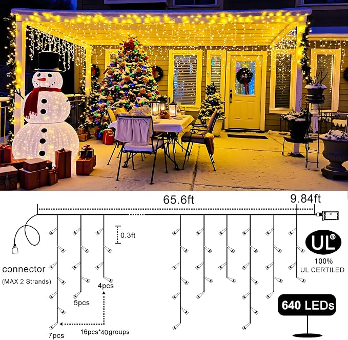 Icicle Lights for Outside 66FT 640 LED Warm White Christmas Lights Outdoor | Conenectable Icicle Christmas Lights Plug in 8 Modes with 120 Drops for House Indoor Holiday Wedding Decoration