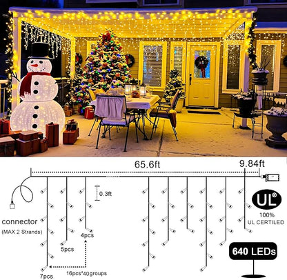 Icicle Lights for Outside 66FT 640 LED Warm White Christmas Lights Outdoor | Conenectable Icicle Christmas Lights Plug in 8 Modes with 120 Drops for House Indoor Holiday Wedding Decoration