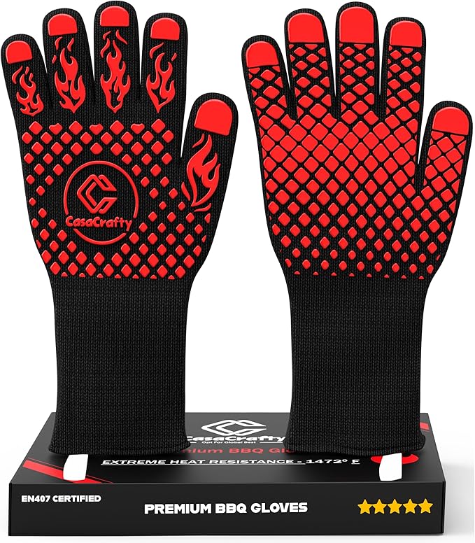 PRO-Series BBQ Gloves - Extreme Heat Resistant 1472°F | EN407 Certified Fireproof/Heatproof Grill Mitts with Silicone Grip | 13” Long for Grilling, Baking, Cooking, Camping & Welding by CASACRAFTY