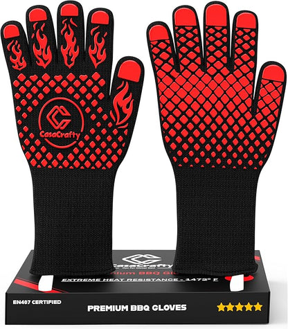 PRO-Series BBQ Gloves - Extreme Heat Resistant 1472°F | EN407 Certified Fireproof/Heatproof Grill Mitts with Silicone Grip | 13” Long for Grilling, Baking, Cooking, Camping & Welding by CASACRAFTY