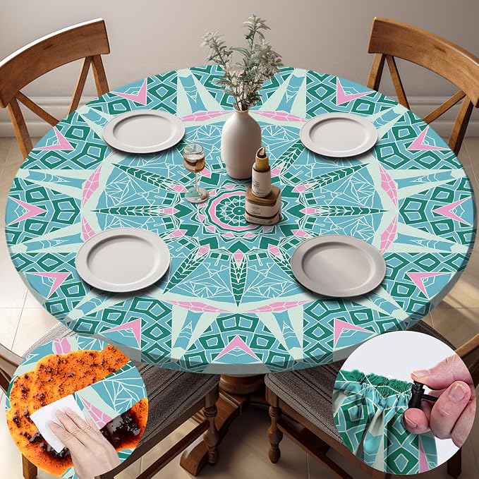 opstellen Fitted Round Tablecloth Weather Proof Table Cloth Heavy Duty Polyester Indoor Outdoor Circle Cover for 36-44" Tables Outside Parties Gear Gifts Spring Summer Fall Picnic Garden Necessities