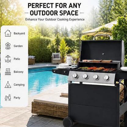 44.8 Inch Outdoor Kitchen Island, 4 Burner 34,000 BTU Stainless Steel Propane Gas Grill Bar with Two Shelves, Lid, Wheels and Bottle Opener