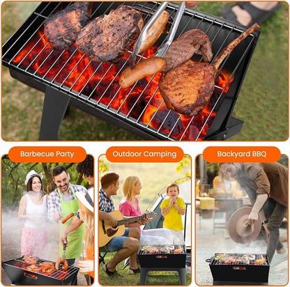 Folding Charcoal Grills, Black Notebook-Style Small Portable BBQ Grill for Outdoor Camping, Picnics, Cooking, Bonfire, Patio, Backyard