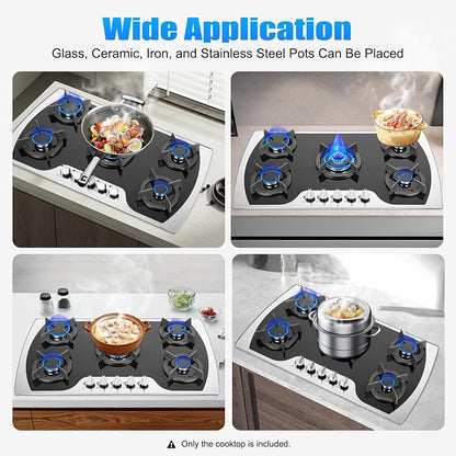 5 Burners Gas Stove, Al-alloy Built-In/Countertop Gas Cooktop with Electric Ignition and Tempered Glass Panel, 2000Pa LPG/NG Cooktop Stove for Kitchen Apartment