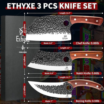 Butcher Knife Set – 3PCS Hand Forged Kitchen Knife Set with Serbian Chef Knife, Viking Boning Knife & Meat Cleaver, High Carbon Steel for Meat Cutting, Outdoor BBQ, Camping, Gift for Men