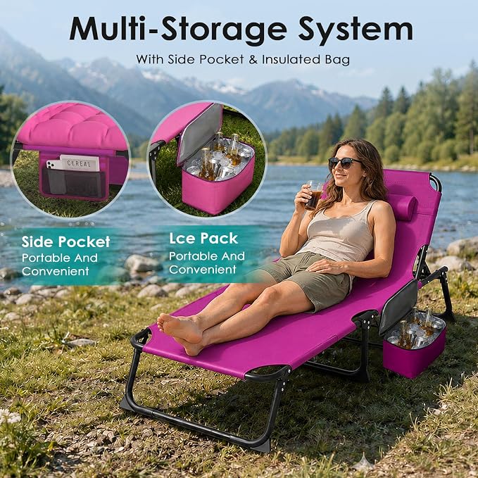 Suteck Tanning Chair with Face Hole, Folding Beach Lounge Chairs, Pink | Adjustable 5-Position Reclining Chaise, Removable Cushion & Pillow, Cooler Bag, 500Lbs Heavy-Duty for Outdoor Camping& Home