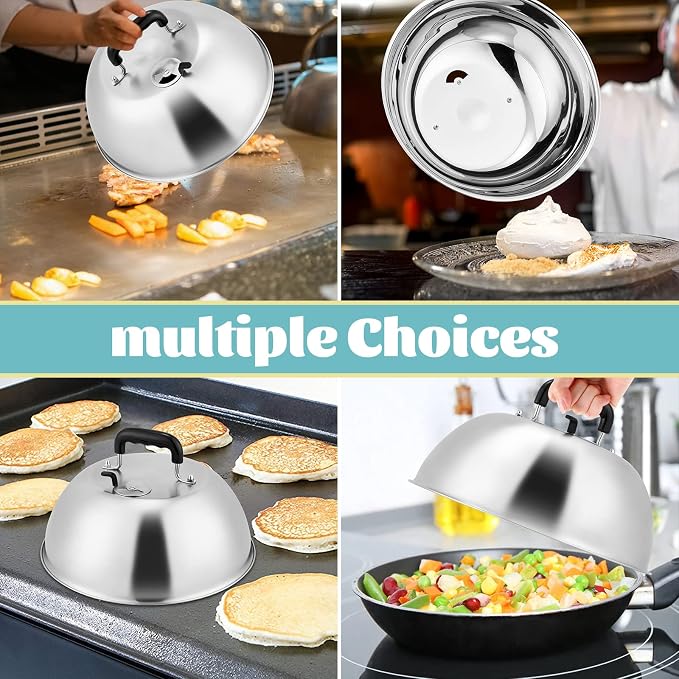 12In Cheese Melting Dome, HaSteeL Heavy Duty Basting Cover with Adjustable Vent, Stainless Steel Round Steaming Cover Lid for Flat Top Griddle Grill Teppanyaki Kitchen Indoor Outdoor, Dishwasher Safe