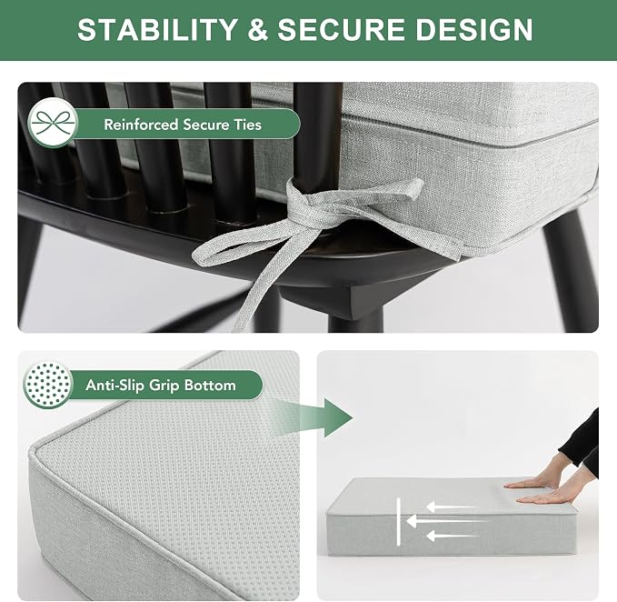 Summsun Patio Cushions for Outdoor Furniture, Faux Linen Water Resistant Backrest and Seat Cushion Set with Non-Slip Bottom, Straps, Removable Cover, 19 x 19 Inch, Light Grey, Set of 4