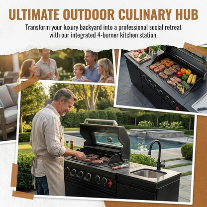 85 Inch 4-Burner 72000 BTU Deluxe Stainless Steel Propane Gas Outdoor Kitchen Bar Barbecue Island Grill,Marble Countertops,Storage Cabinets & Drawers,Stainless Steel Sink,Faucet