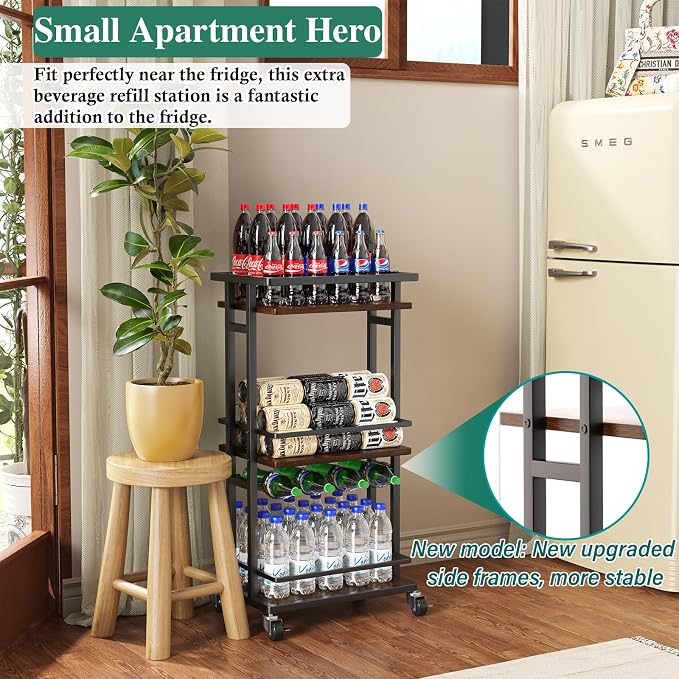 OKZEST 3-Tier Bar Cart for Home, Mini Rolling Liquor Cabinet & Serving Cart | Small alcohol coffee bar cart for party, Holds wine, liquor, beverage, glassware, shaker, coffee supplies, Rustic farmhouse