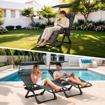 Suteck Zero Gravity Chair with Canopy, Reclining Camping Lounge Chairs | with Removable Cushion, Upgraded Lock and Cup Holder, Folding Patio Recliner for Indoor and Outdoor，90°-170° Adjust