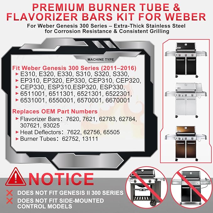 Genesis 300 310 Grill Parts Kit for Weber Genesis E330 E310 S310 E320 S330 S320 EP330 EP310 Parts, Genesis Burner Tube 7621 Flavorizer Bars Heat Deflector Porcelain Steel Grill Parts, 7622 62752