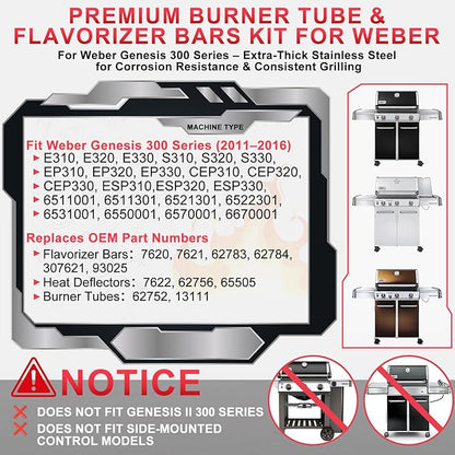 Genesis 300 310 Grill Parts Kit for Weber Genesis E330 E310 S310 E320 S330 S320 EP330 EP310 Parts, Genesis Burner Tube 7621 Flavorizer Bars Heat Deflector Porcelain Steel Grill Parts, 7622 62752