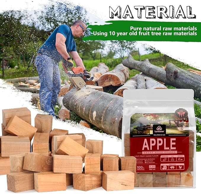 Lumberer Apple Wood Smoking Chunks – 100% Natural Hardwood for Smokers & Grills – Long-Lasting Burn (1+ Hours) – Light Fruity Smoke Flavor – 4LBS, High-Temp Sterilized & Clean Burn