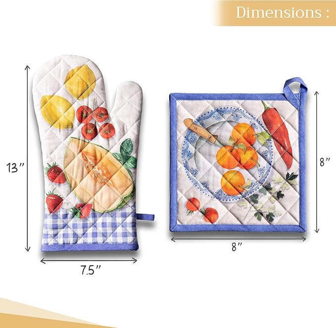 Maison d' Hermine 100% Cotton Oven Mitt & Pot Holder Set (7.5"x13" & 8"x8") Heat Resistant BBQ Cooking Gloves with Loop Baking Grilling Kitchen Hotel Home Farmhouse Spring Summer (Gourmand)
